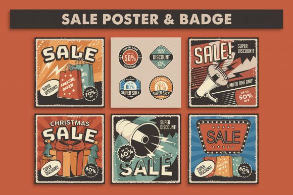 Download Retro Sale Discount Poster and Badge - Premium Bundle